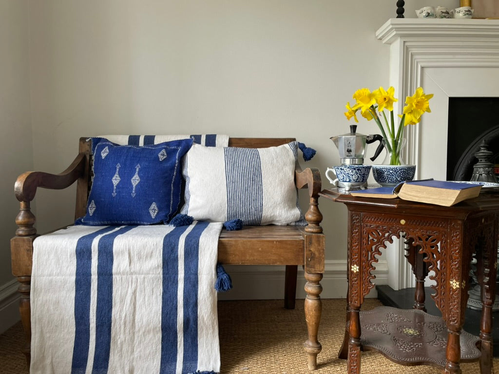 moroccan striped pom pom blanket - blue