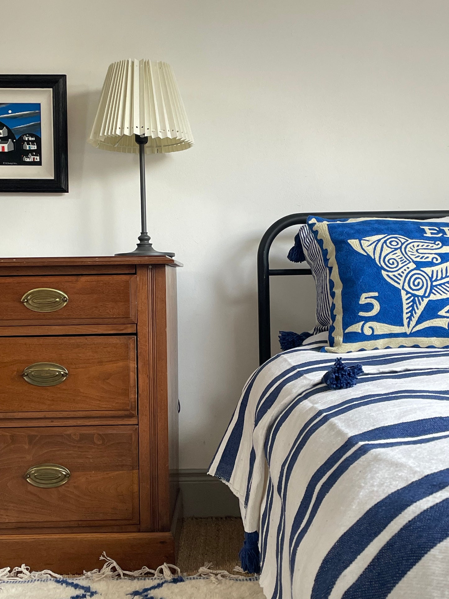 moroccan striped pom pom blanket - blue