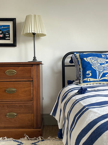 Moroccan Striped Pom Pom Blanket - Blue