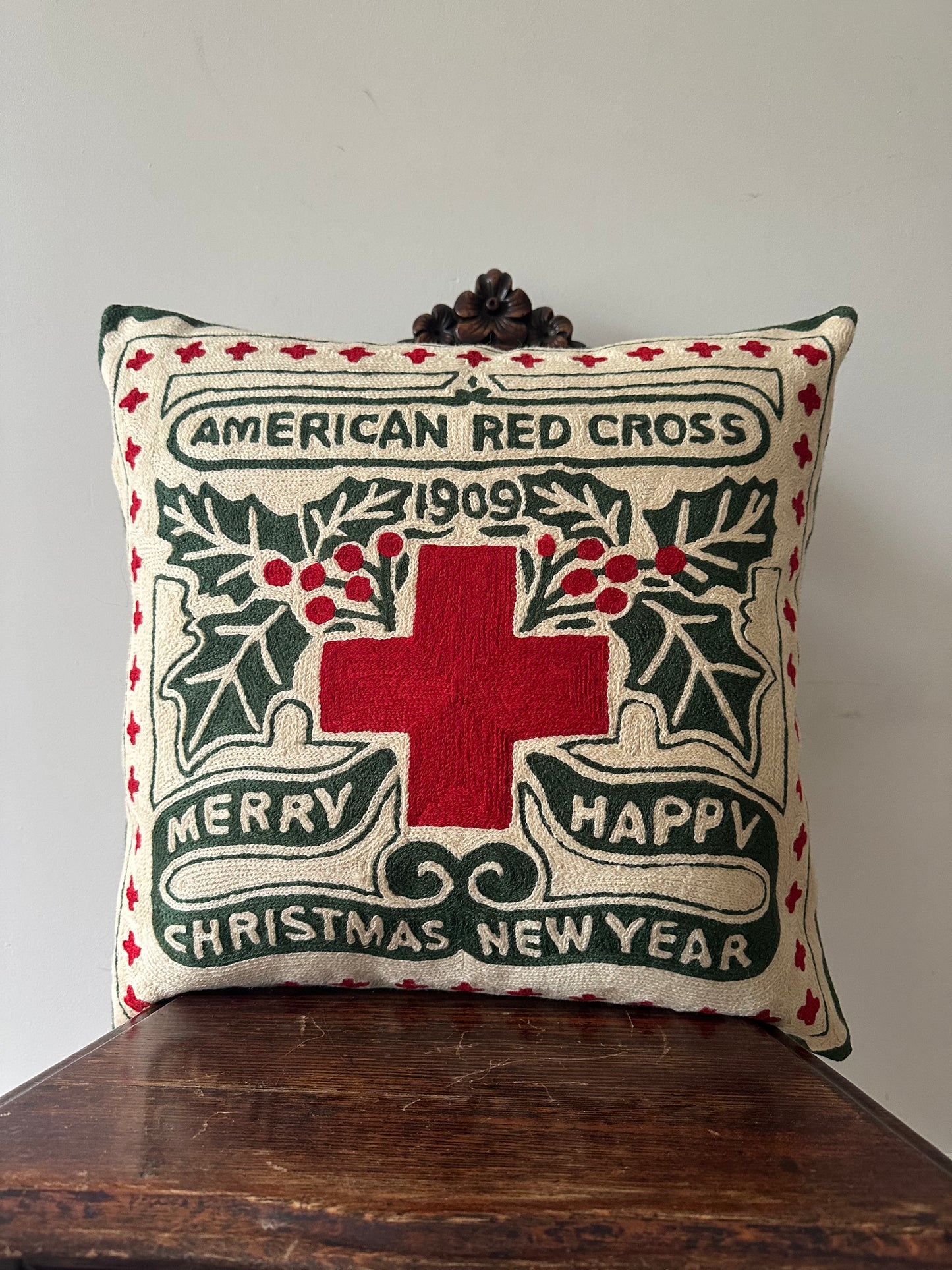 american red cross 1909 christmas seal cushion cover - hand embroidered