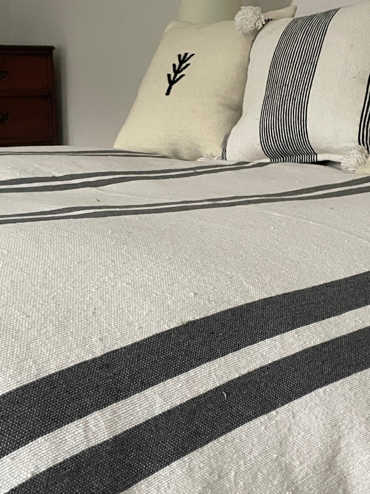 moroccan striped pom pom blanket - grey