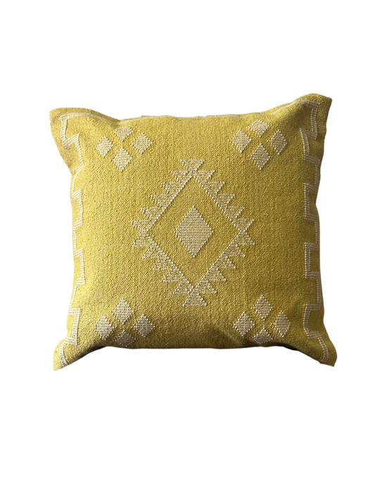 Hand-loomed Mellow Yellow cotton cushion cover inspired by Moroccan textile traditions, weathered yellow tone, 50cm x 50cm