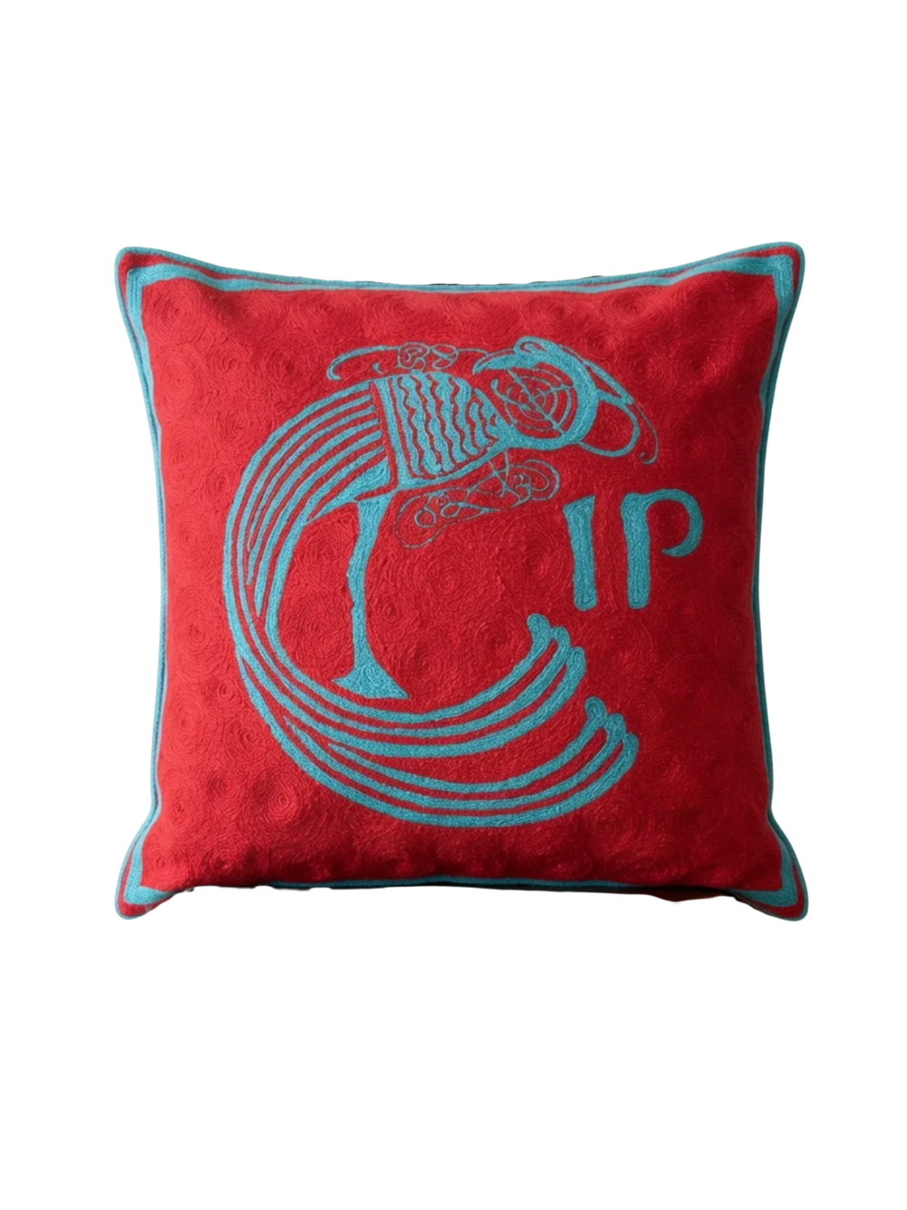 Celtic Plume Hand Embroidered Cushion Cover – Red & Teal