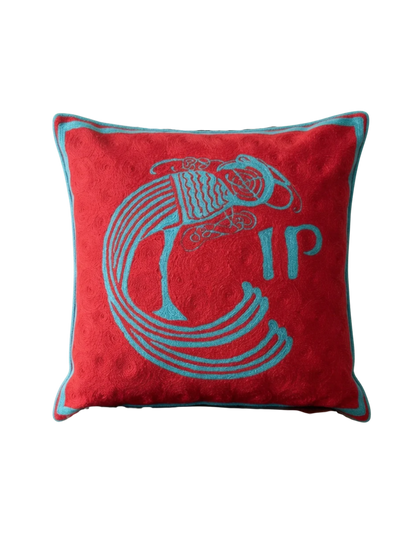 Hand-embroidered Celtic Plume cushion cover in red and blue, wool and cotton, 50cm x 50cm

