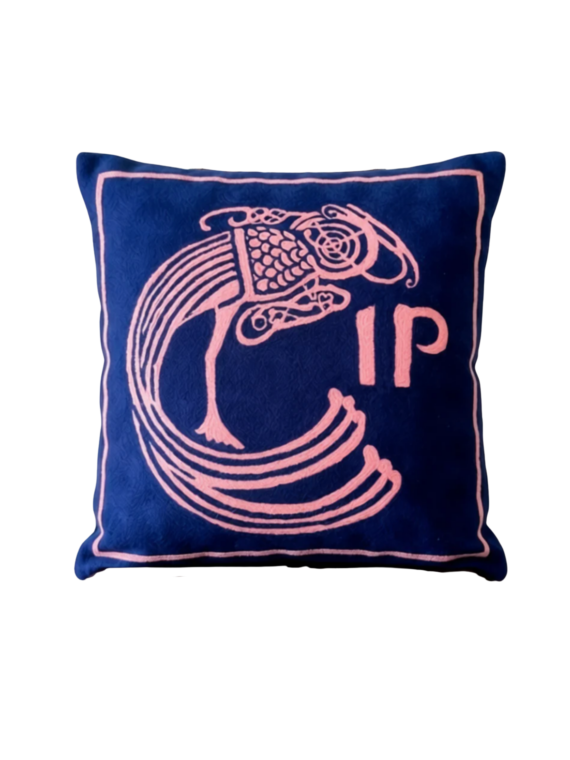 Hand-embroidered Celtic Plume cushion cover in dark blue and pink, wool and cotton, 50cm x 50cm