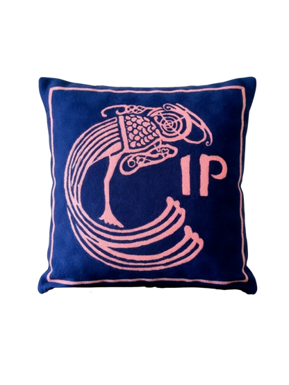 Hand-embroidered Celtic Plume cushion cover in dark blue and pink, wool and cotton, 50cm x 50cm