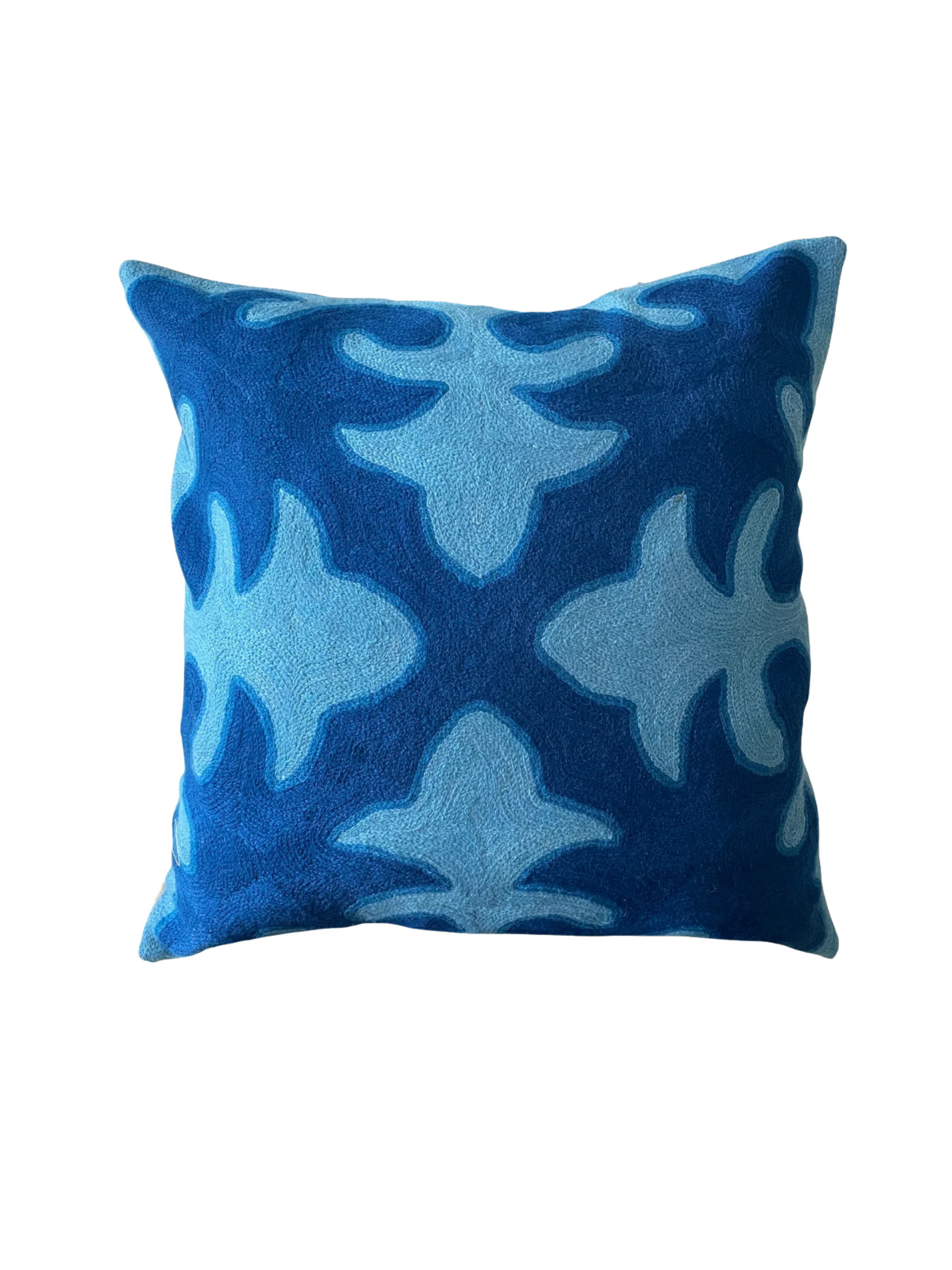 Hand-embroidered Blue Ala-Too cushion cover with Kyrgyz geometric pattern, wool and cotton, 50cm x 50cm

