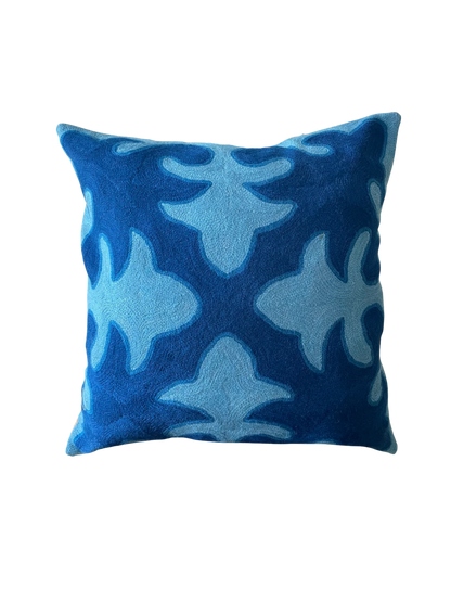 Hand-embroidered Blue Ala-Too cushion cover with Kyrgyz geometric pattern, wool and cotton, 50cm x 50cm

