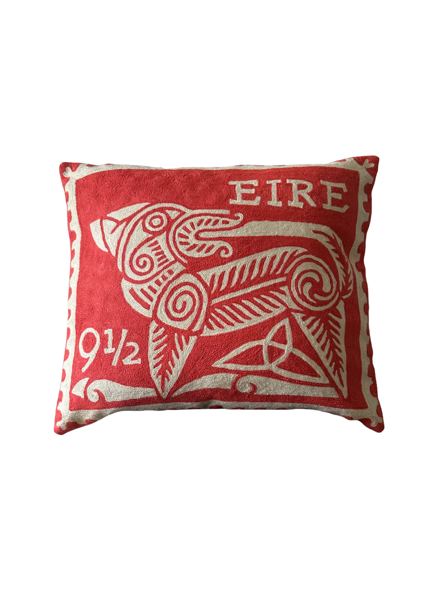 hand-embroidered irish celtic dog stamp cushion cover in coral, wool and cotton, 45cm x 55cm

