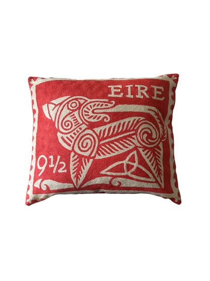 Hand-embroidered Irish Celtic Dog stamp cushion cover in coral, wool and cotton, 45cm x 55cm

