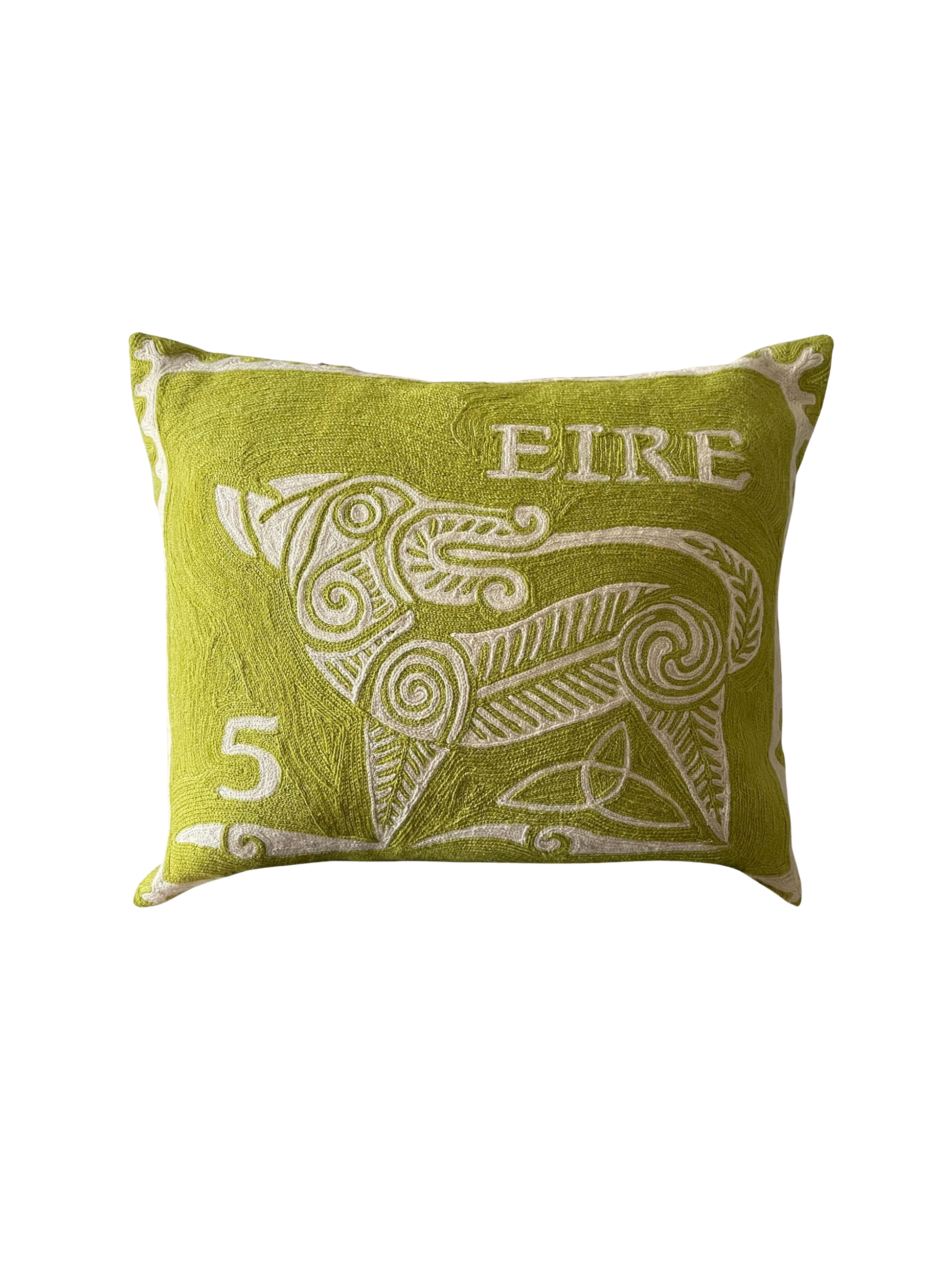 Hand-embroidered Irish Celtic Dog stamp cushion cover in green, wool and cotton, 45cm x 55cm