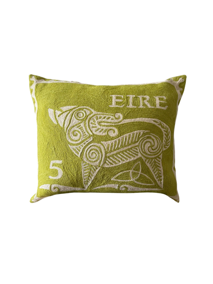 Hand-embroidered Irish Celtic Dog stamp cushion cover in green, wool and cotton, 45cm x 55cm