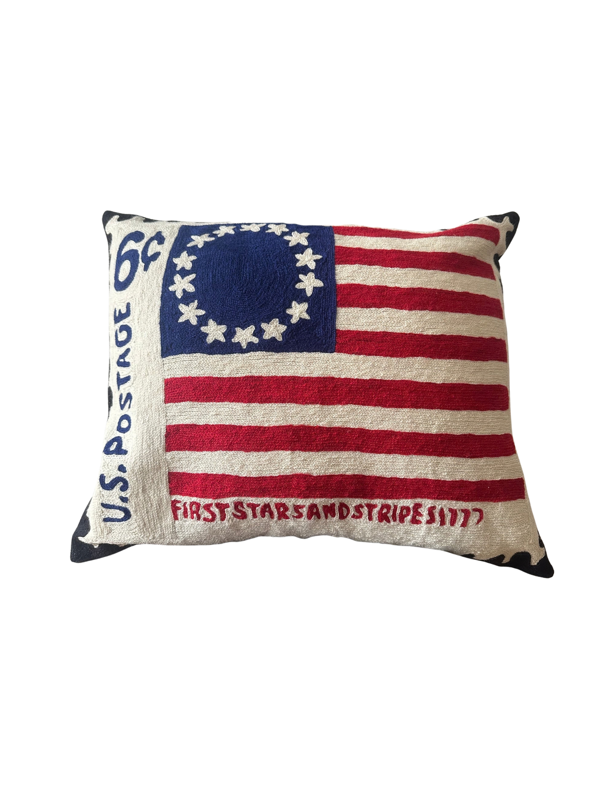 hand-embroidered betsy ross flag cushion cover – after the 1968 u.s. 6¢ “first stars and stripes, 1777” stamp (scott 1350)
