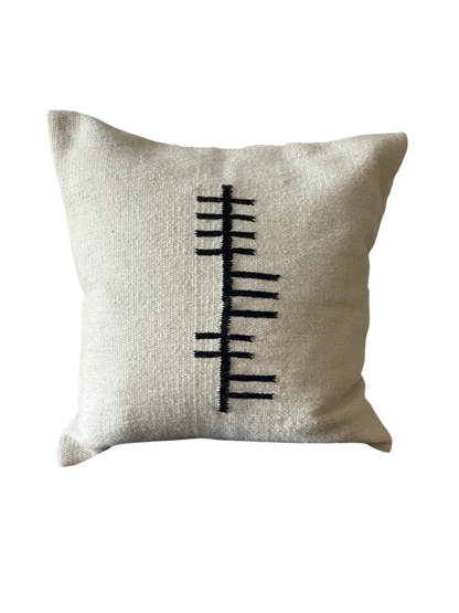 Hand-loomed Grá Ogham cushion cover, Gaelic word for love in ancient Celtic script, wool and cotton, 50cm x 50cm

