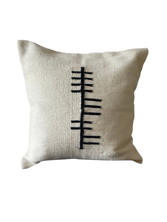 Hand-loomed Grá Ogham cushion cover, Gaelic word for love in ancient Celtic script, wool and cotton, 50cm x 50cm


