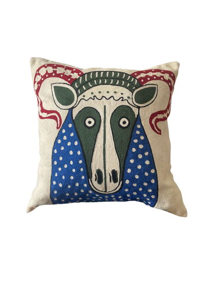 Hand-embroidered Muckish Goat cushion cover inspired by Donegal's Muckish Mountain, wool and cotton, 50cm x 50cm