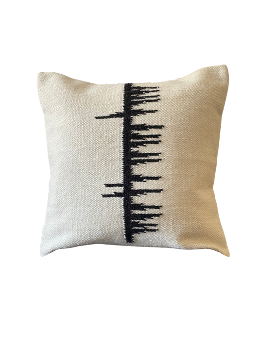 Hand-loomed Sonas Ogham cushion cover, Gaelic word for happiness in ancient Celtic script, wool and cotton, 50cm x 50cm