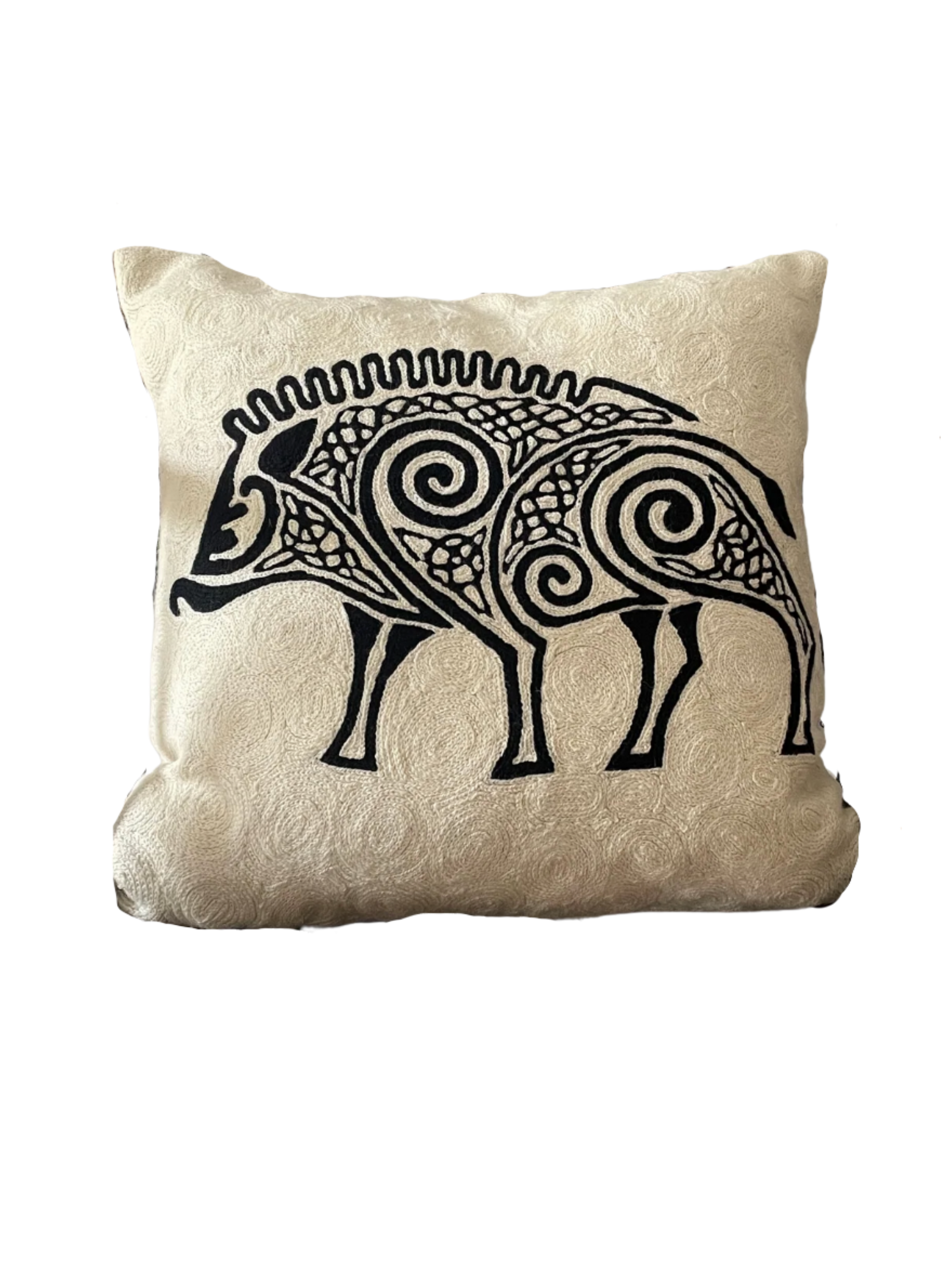 Hand-embroidered Celtic Boar cushion cover, symbol of courage and strength, wool and cotton, 45cm x 45cm

