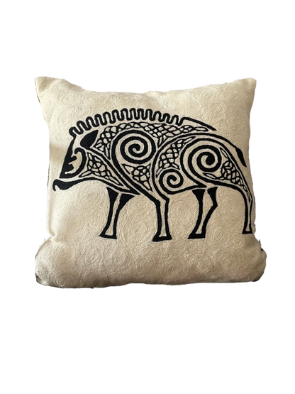 Hand-embroidered Celtic Boar cushion cover, symbol of courage and strength, wool and cotton, 45cm x 45cm

