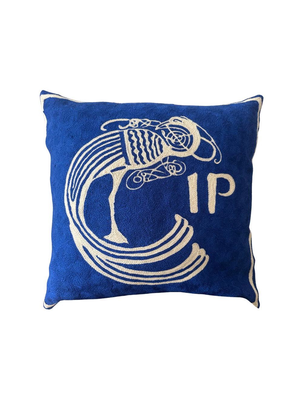 Celtic Plume Irish 1p Coin Hand Embroidered Cushion Cover – Blue & White