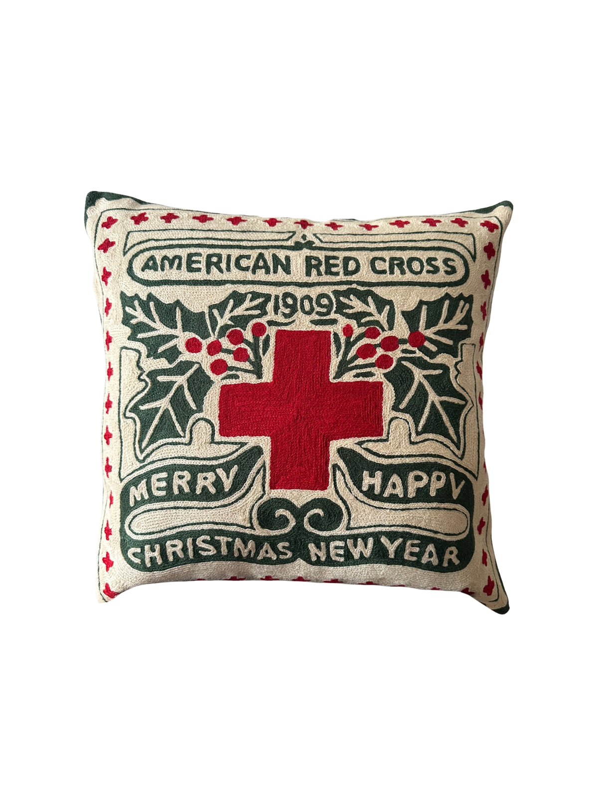 american red cross 1909 christmas seal cushion cover - hand embroidered