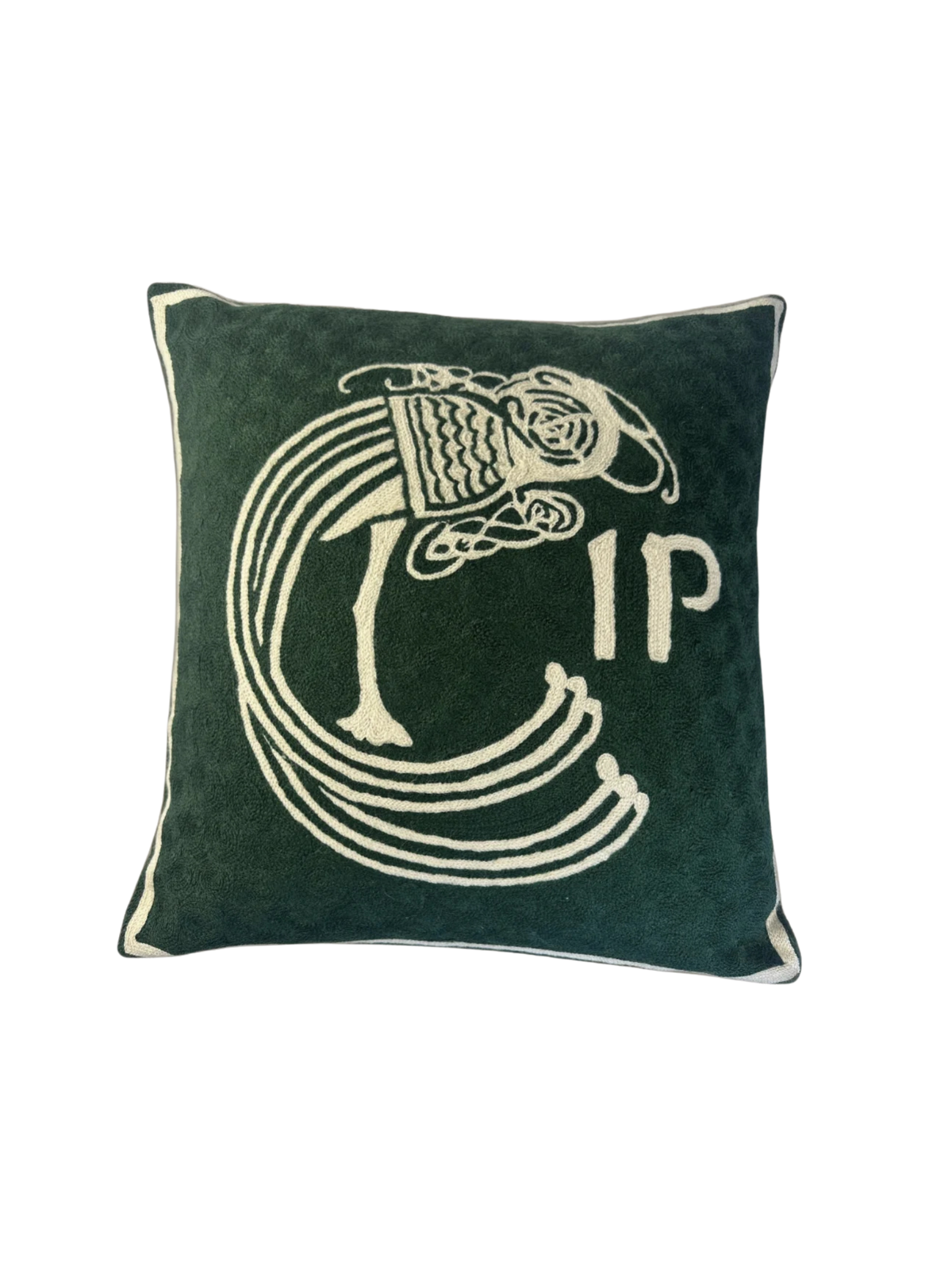 celtic plume hand embroidered cushion cover – dark green