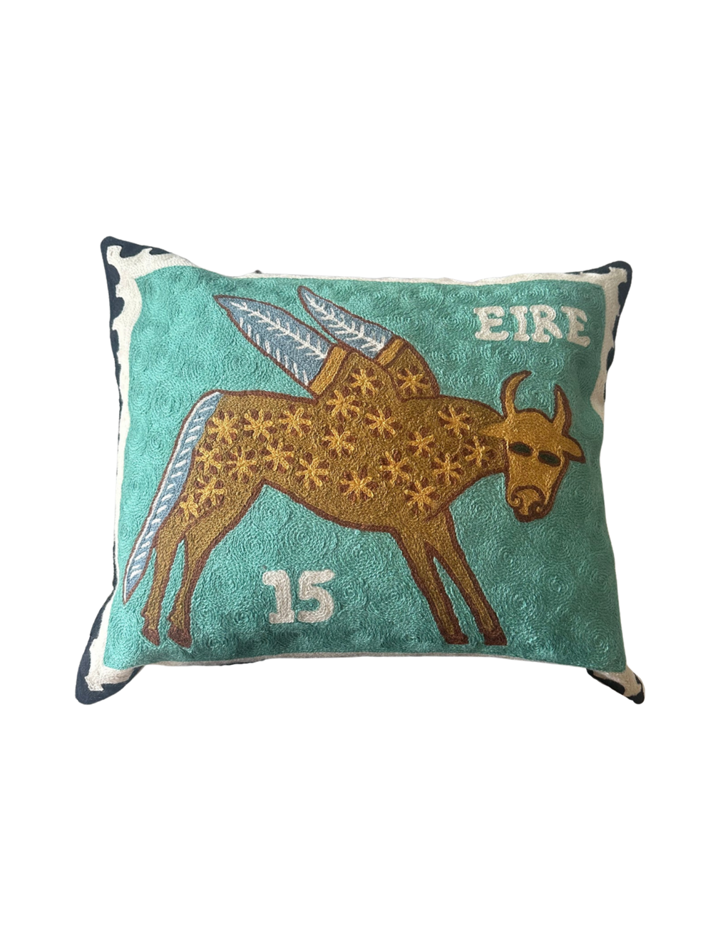 Winged Ox Irish Stamp Hand Embroidered Cushion Cover – Teal