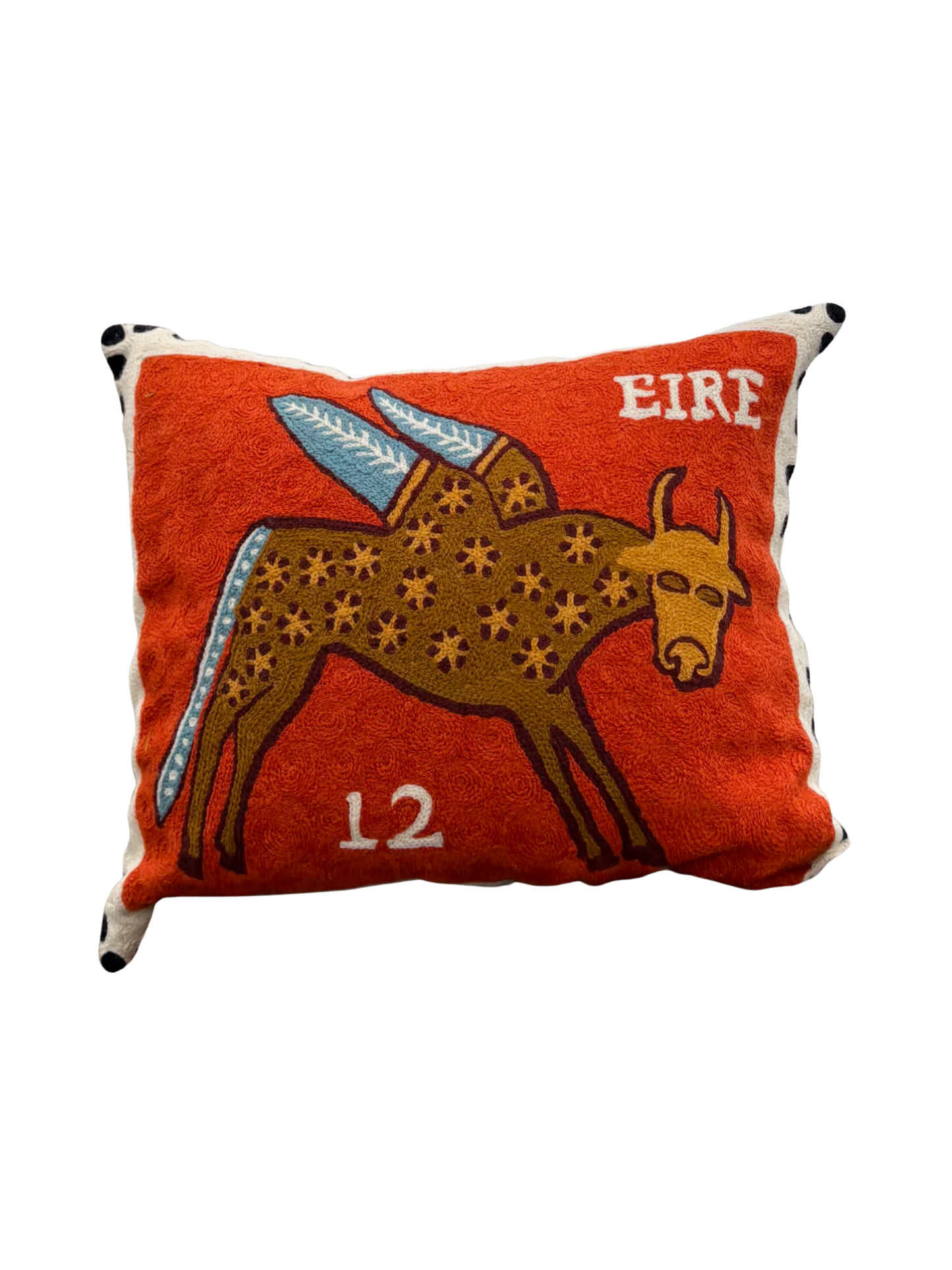 hand-embroidered winged ox irish stamp cushion cover in rust, symbol of st luke, wool and cotton, 45cm x 55cm

