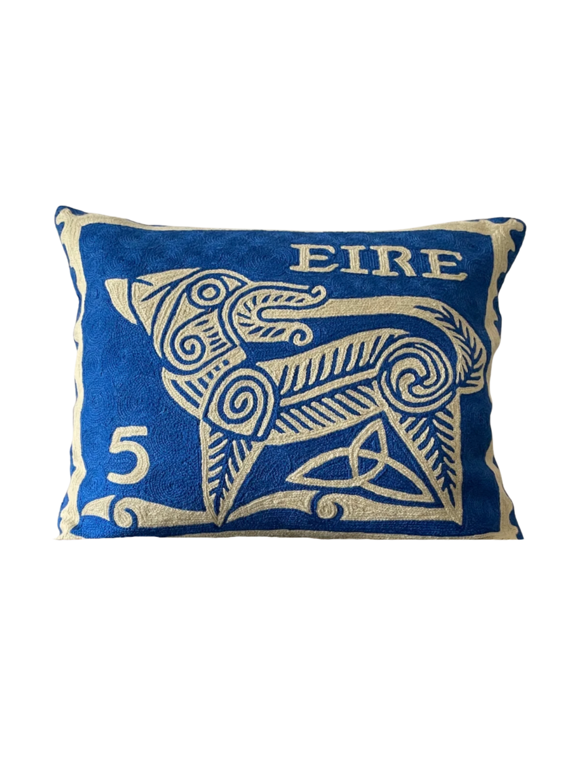 Hand-embroidered Irish Celtic Dog stamp cushion cover in Atlantic blue, wool and cotton, 45cm x 55cm

