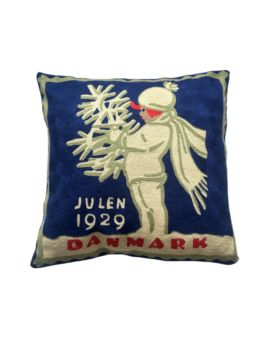 Hand-embroidered Nordic Winter vintage Danish Christmas seal cushion cover, wool and cotton, 50cm x 50cm

