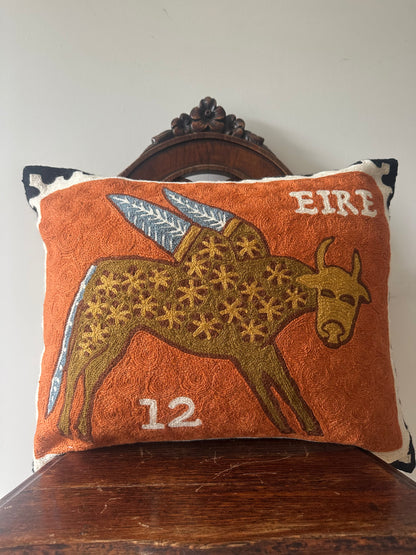 Winged Ox Irish Stamp Hand Embroidered Cushion Cover – Rust