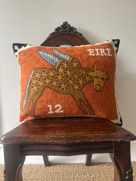 Winged Ox Irish Stamp Hand Embroidered Cushion Cover – Rust