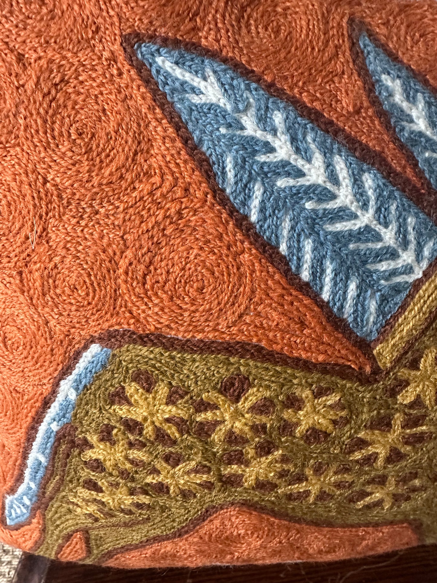 winged ox irish stamp hand embroidered cushion cover – rust