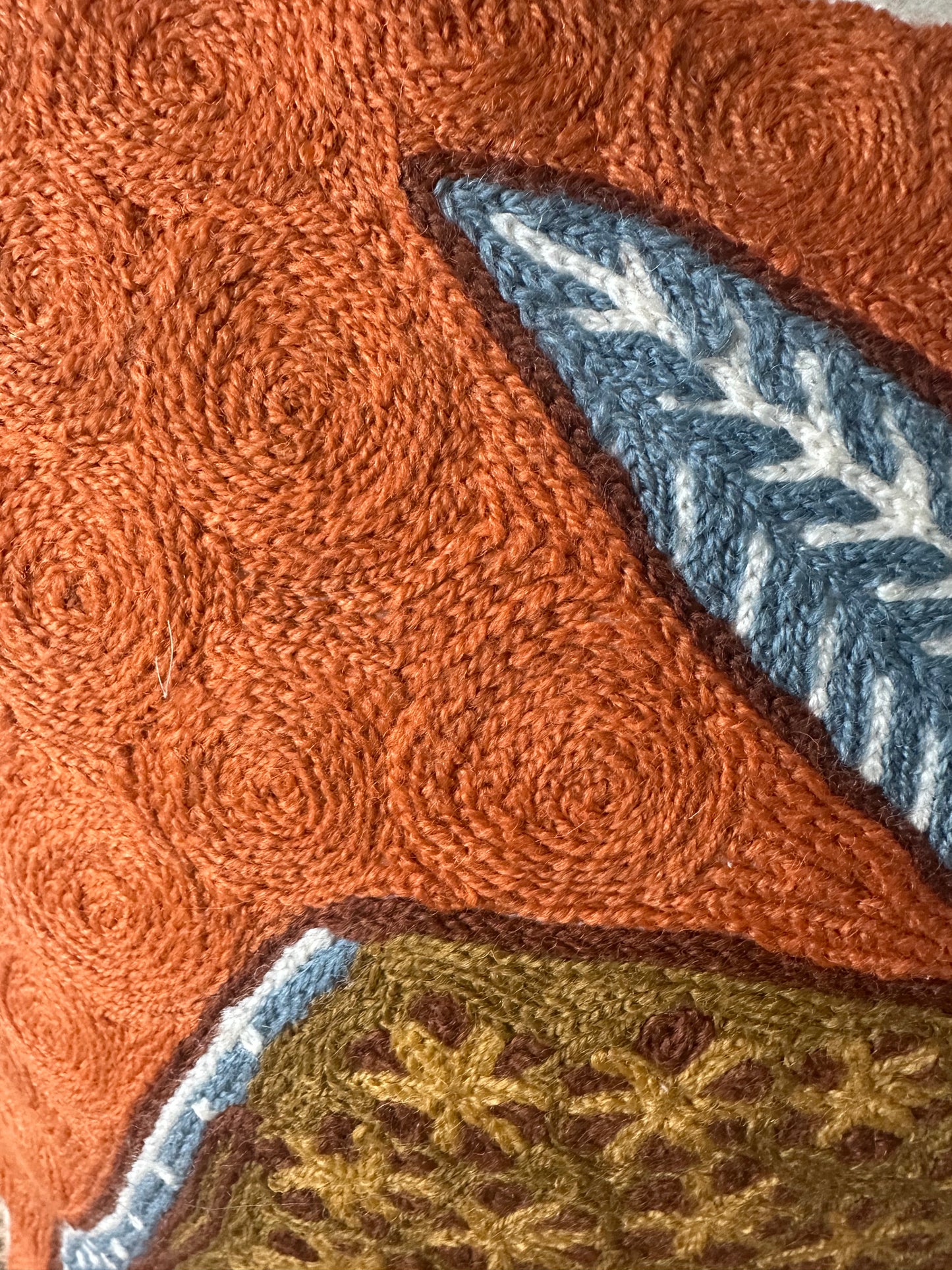 winged ox irish stamp hand embroidered cushion cover – rust