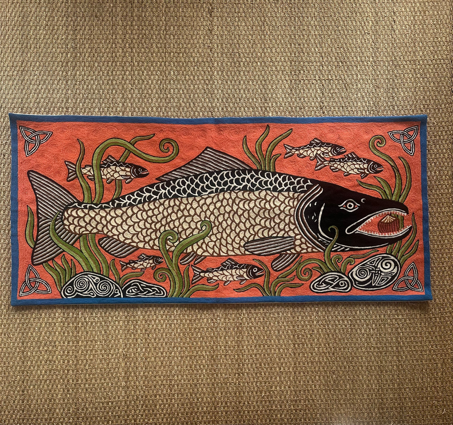 hand-embroidered salmon of knowledge celtic tapestry – irish mythology wall hanging
