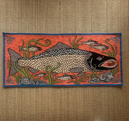 Hand-Embroidered Salmon of Knowledge Celtic Tapestry – Irish Mythology Wall Hanging
