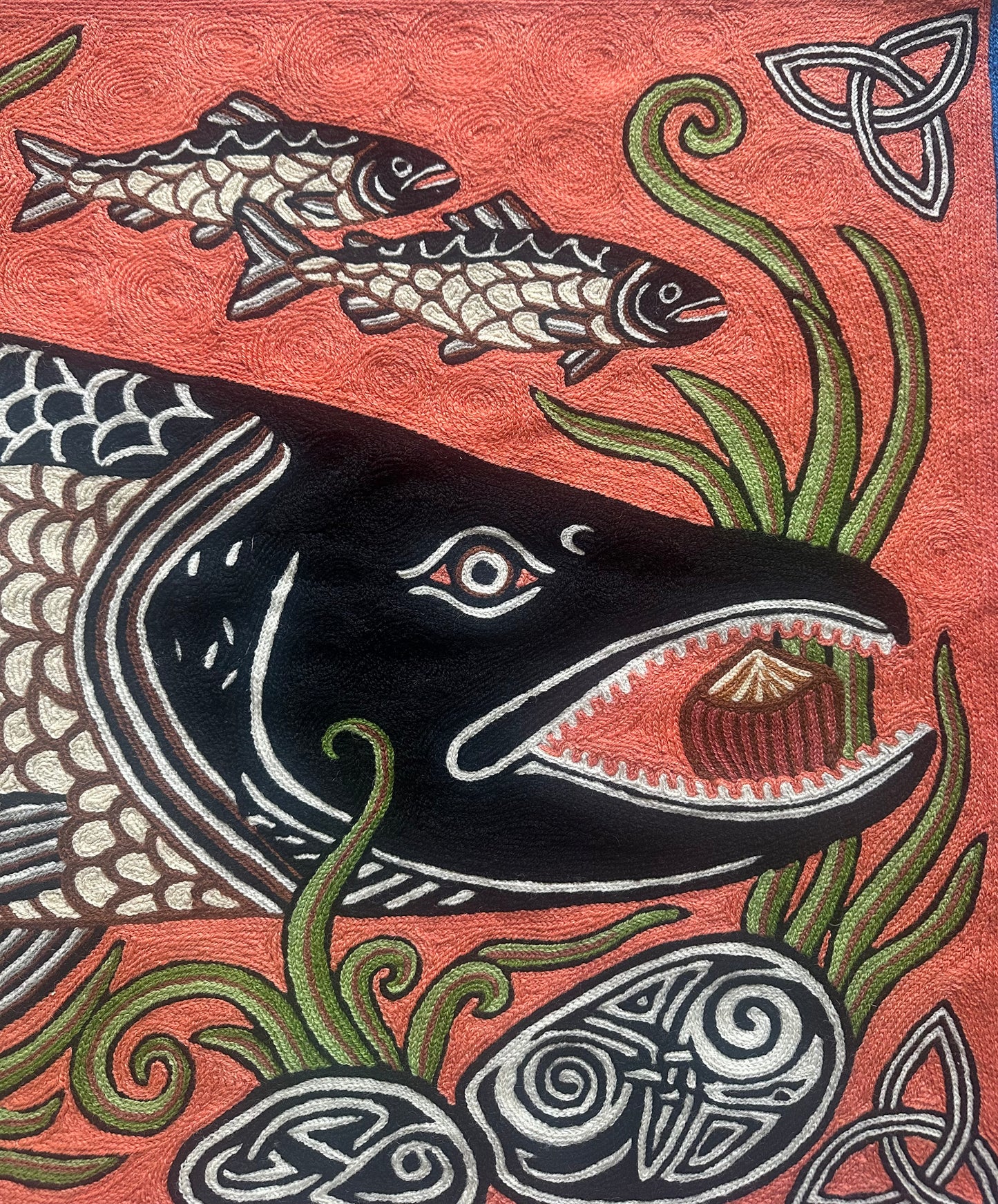 hand-embroidered salmon of knowledge celtic tapestry – irish mythology wall hanging