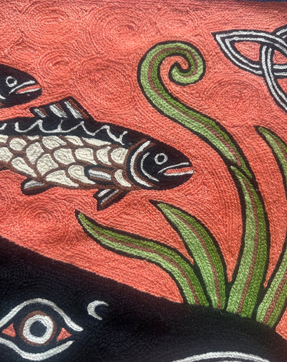 Hand-Embroidered Salmon of Knowledge Celtic Tapestry – Irish Mythology Wall Hanging