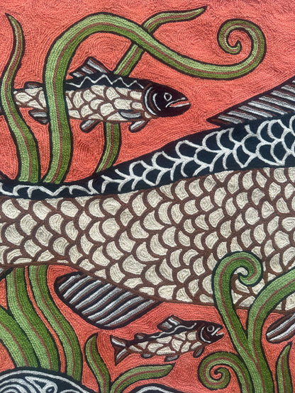Hand-Embroidered Salmon of Knowledge Celtic Tapestry – Irish Mythology Wall Hanging