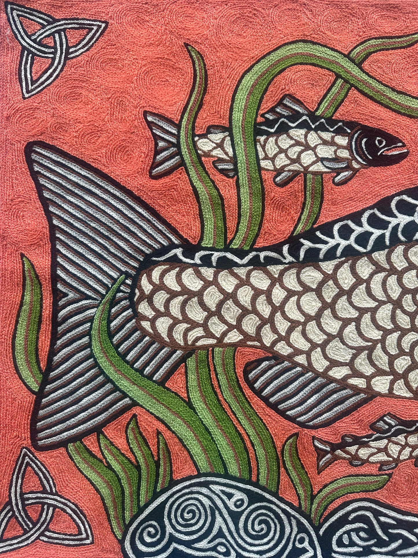 hand-embroidered salmon of knowledge celtic tapestry – irish mythology wall hanging