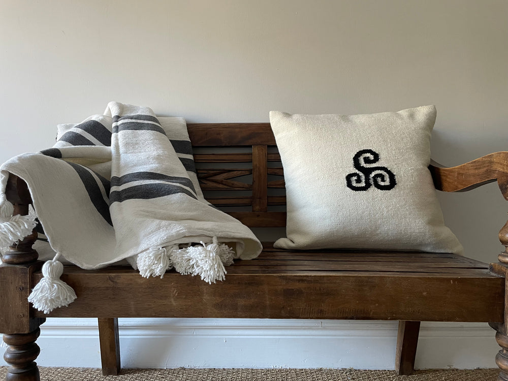 Moroccan Striped Pom-Pom Blanket – Grey & White