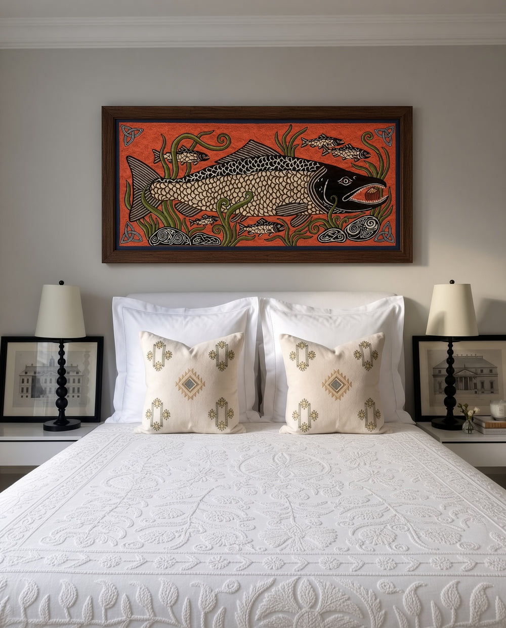 Hand-Embroidered Salmon of Knowledge Celtic Tapestry – Irish Mythology Wall Hanging