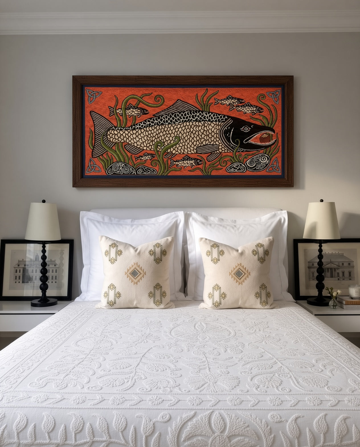 hand-embroidered salmon of knowledge celtic tapestry – irish mythology wall hanging