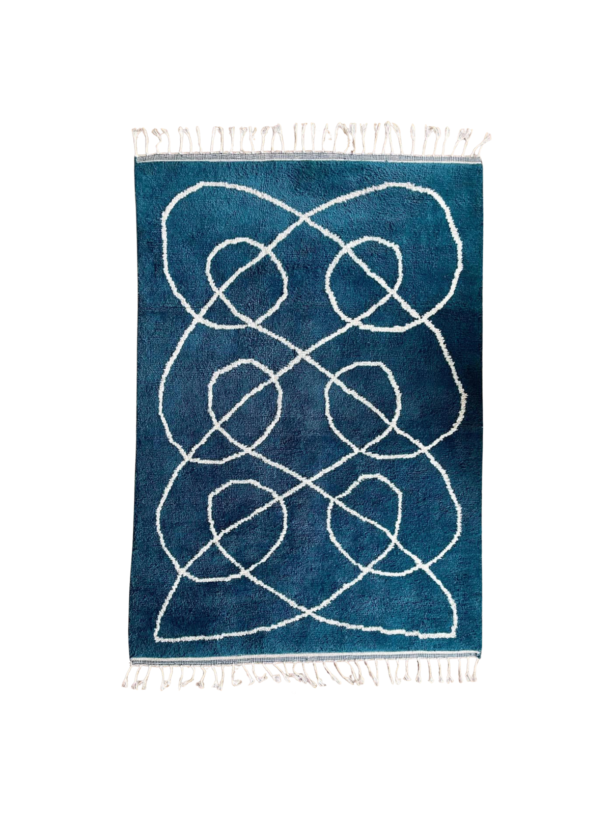 Hand-loomed teal wool rug inspired by Cuchulain of Muirthemne by Lady Gregory, Celtic knotwork design, 230cm x 160cm